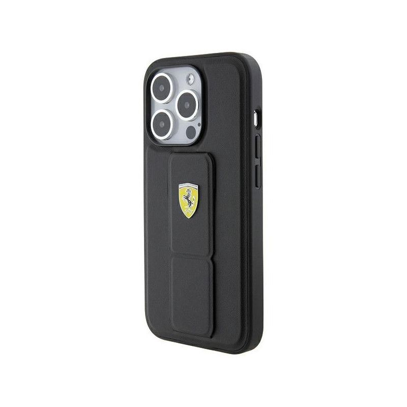 Etui Ferrari Grip Stand Metal Logo na iPhone 15 Pro - czarne