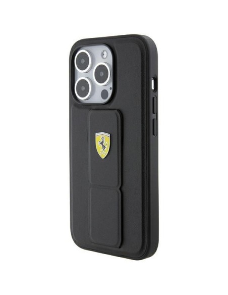 Etui Ferrari Grip Stand Metal Logo na iPhone 15 Pro - czarne