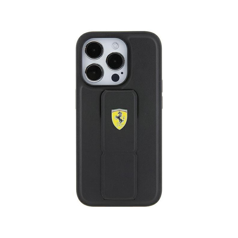 Etui Ferrari Grip Stand Metal Logo na iPhone 15 Pro - czarne