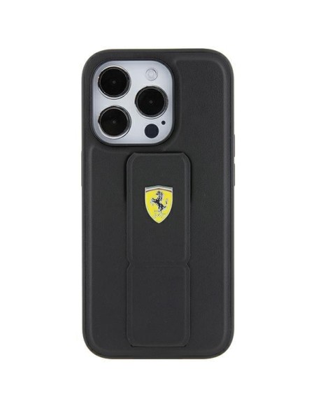 Etui Ferrari Grip Stand Metal Logo na iPhone 15 Pro - czarne