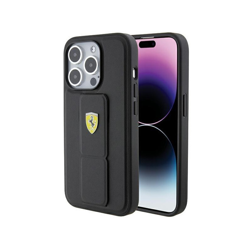 Etui Ferrari Grip Stand Metal Logo na iPhone 15 Pro Max - czarne