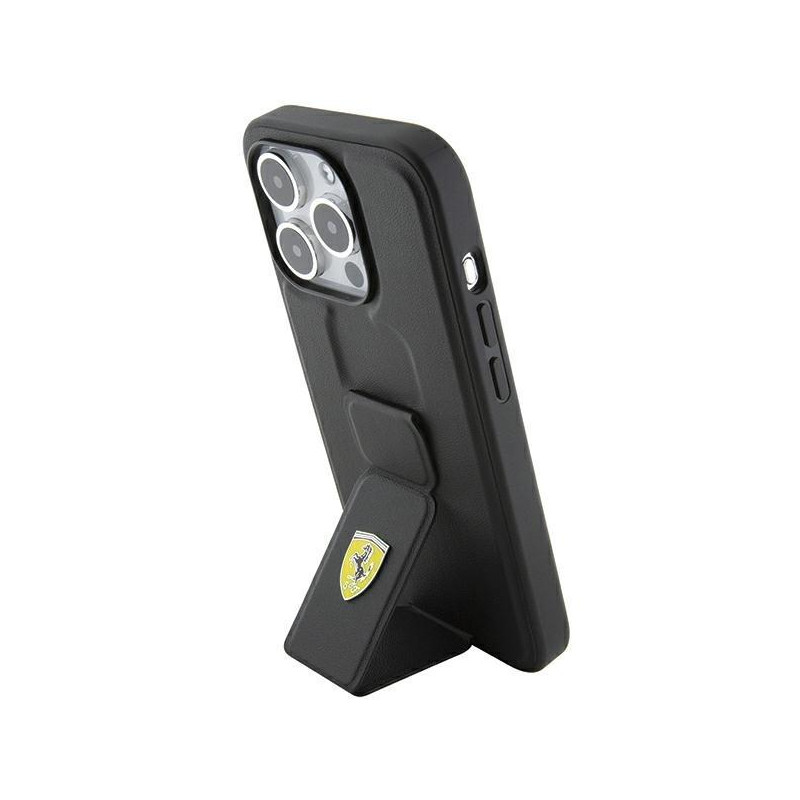 Etui Ferrari Grip Stand Metal Logo na iPhone 15 Pro Max - czarne
