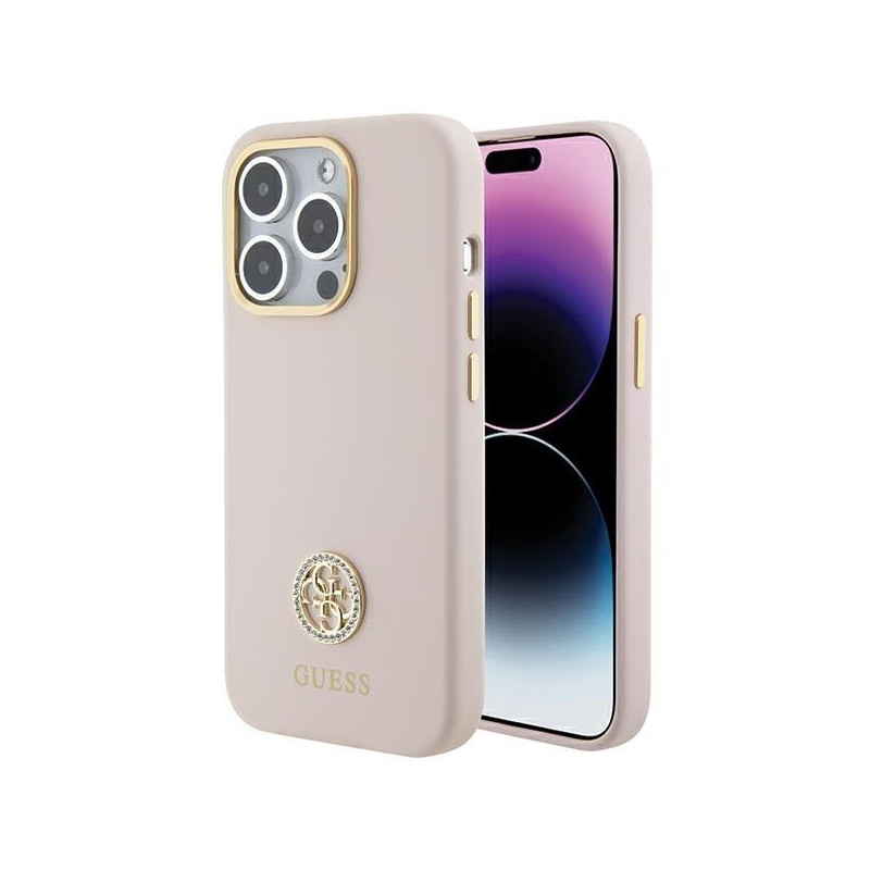Etui Guess Silicone Logo Strass 4G na iPhone 15 Pro - jasnoróżowe
