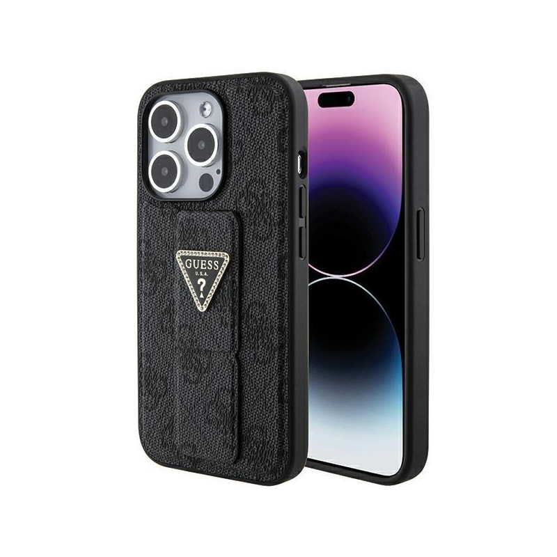 Etui Guess Grip Stand 4G Triangle Strass na iPhone 15 Pro - czarne
