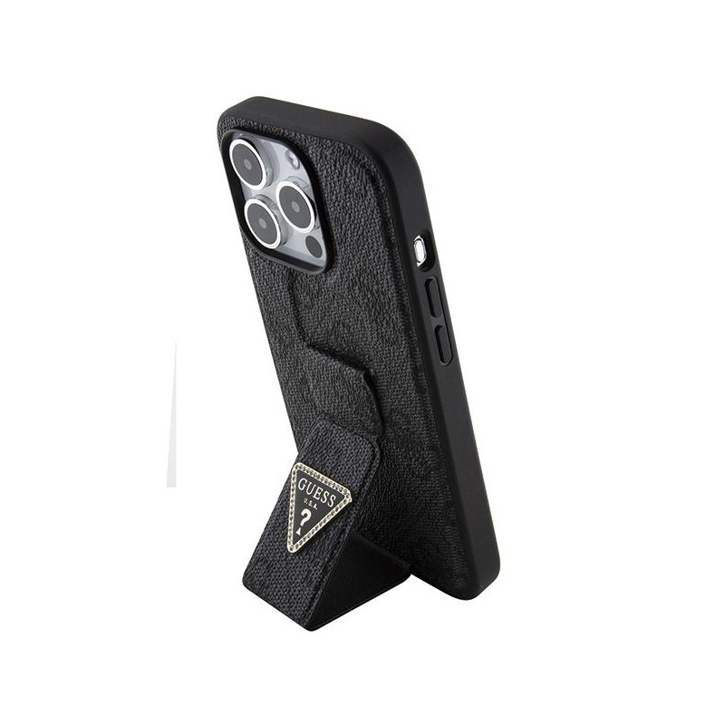 Etui Guess Grip Stand 4G Triangle Strass na iPhone 15 Pro - czarne