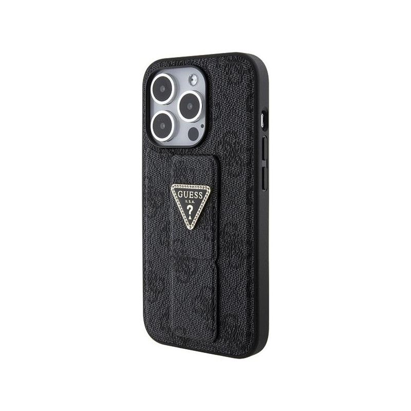 Etui Guess Grip Stand 4G Triangle Strass na iPhone 15 Pro - czarne