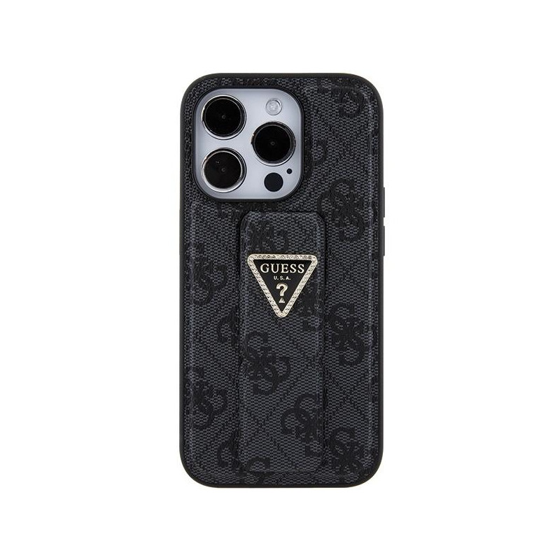 Etui Guess Grip Stand 4G Triangle Strass na iPhone 15 Pro - czarne