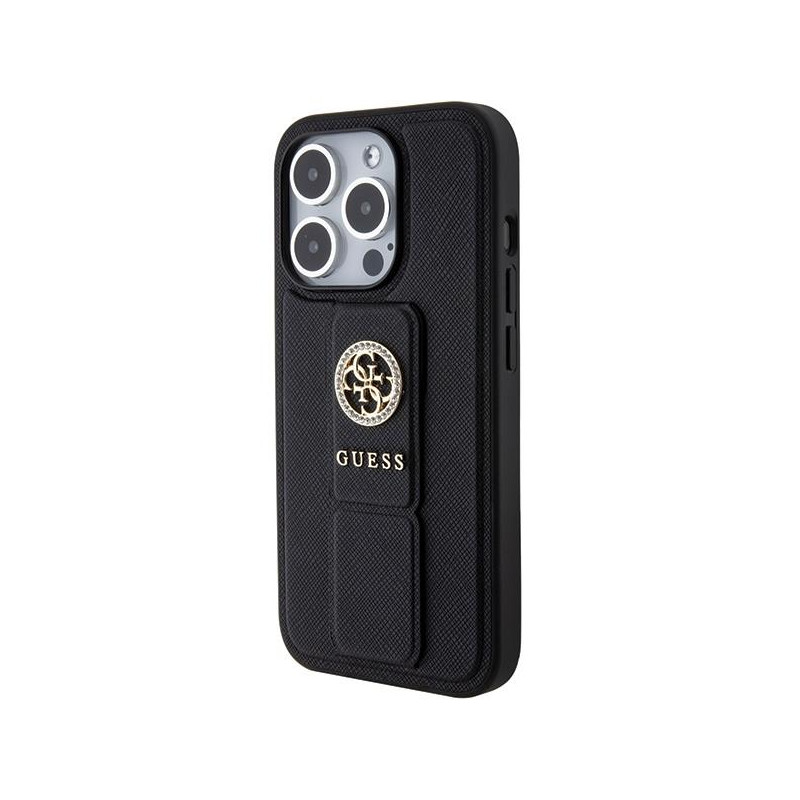 Etui Guess Grip Stand 4G Triangle Strass na iPhone 15 Pro - czarne