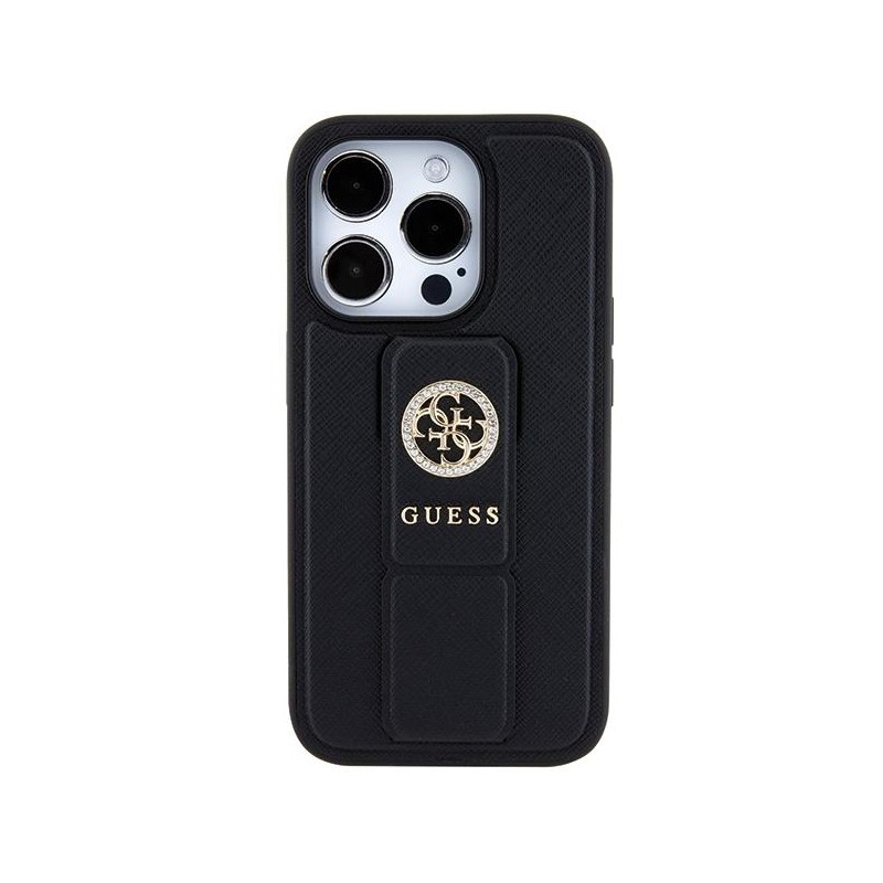 Etui Guess Grip Stand 4G Triangle Strass na iPhone 15 Pro - czarne