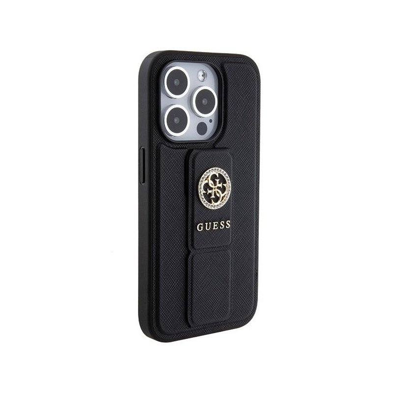 Etui Guess Grip Stand 4G Triangle Strass na iPhone 15 Pro - czarne