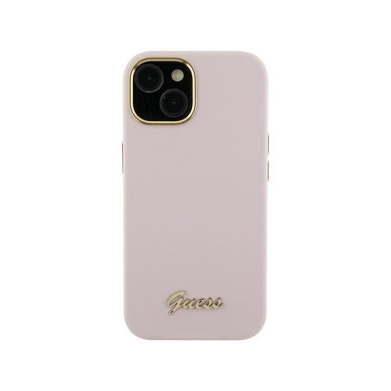 Etui Guess Silicone Script Metal Logo & Frame na iPhone 15 Pro - różowe
