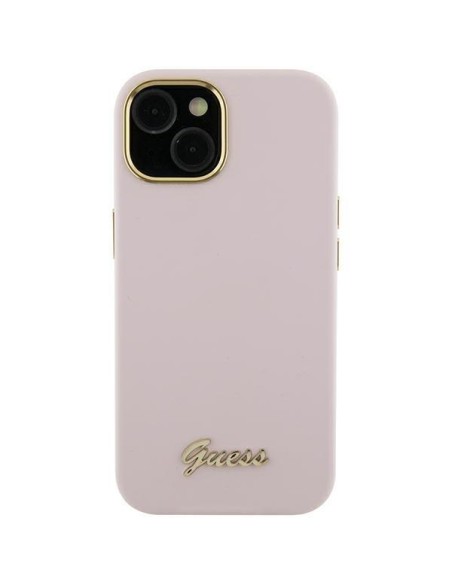 Etui Guess Silicone Script Metal Logo & Frame na iPhone 15 Pro - różowe Etui Guess Silicone Script Metal Logo & Frame na iPhone 15 Pro - różowe