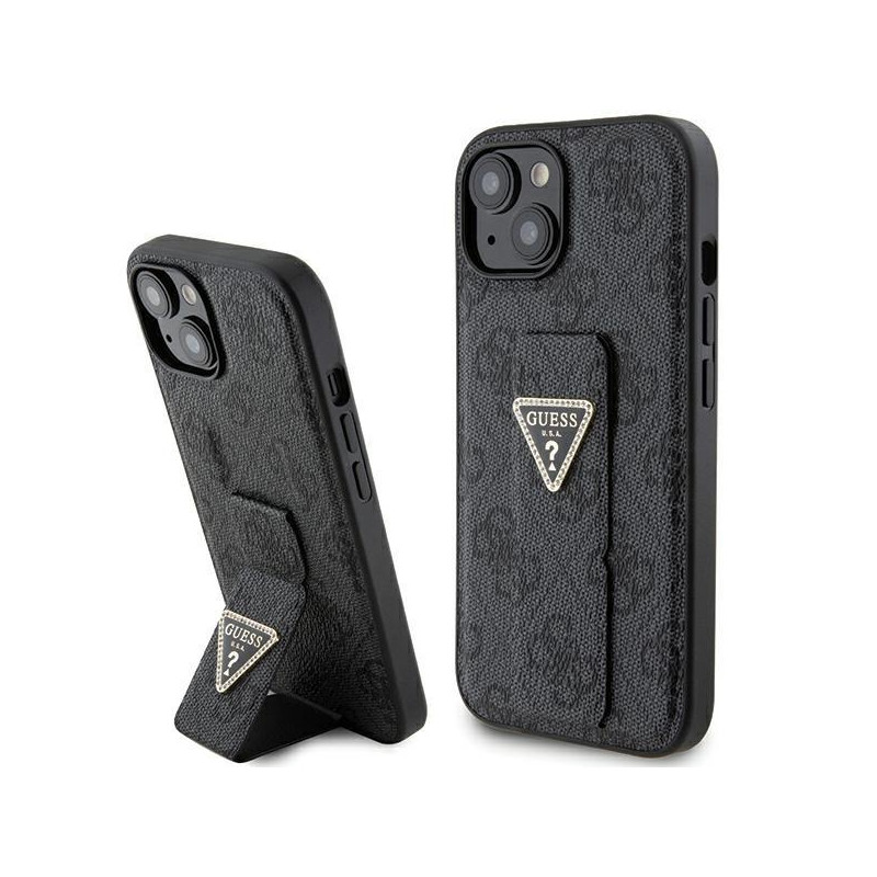 Etui Guess Grip Stand 4G Triangle Strass na iPhone 15 - czarne Etui Guess Grip Stand 4G Triangle Strass na iPhone 15 - czarne