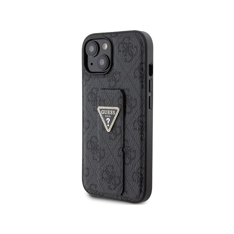 Etui Guess Grip Stand 4G Triangle Strass na iPhone 15 - czarne