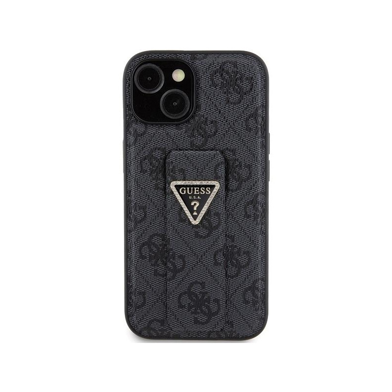 Etui Guess Grip Stand 4G Triangle Strass na iPhone 15 - czarne