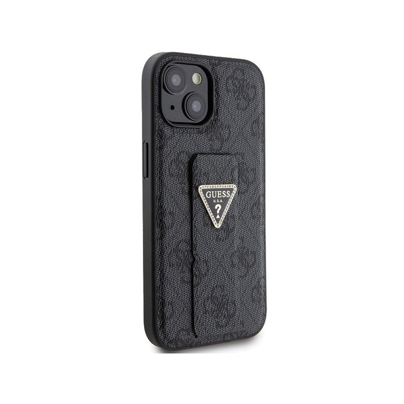 Etui Guess Grip Stand 4G Triangle Strass na iPhone 15 - czarne