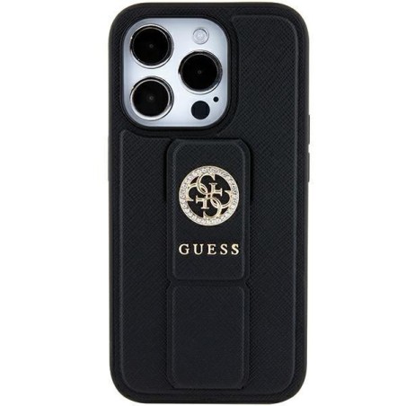 Etui Guess Grip Stand 4G Saffiano Strass na iPhone 15 - czarne Etui Guess Grip Stand 4G Saffiano Strass na iPhone 15 - czarne