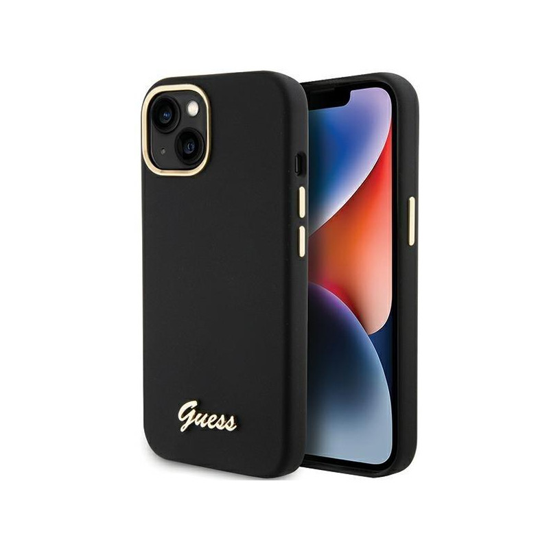 Etui Guess Silicone Script Metal Logo & Frame na iPhone 15 - czarne Etui Guess Silicone Script Metal Logo & Frame na iPhone 15 - czarne