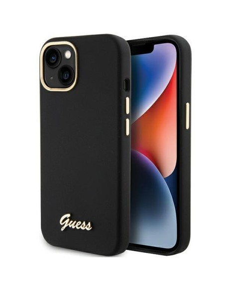 Etui Guess Silicone Script Metal Logo & Frame na iPhone 15 - czarne Etui Guess Silicone Script Metal Logo & Frame na iPhone 15 - czarne