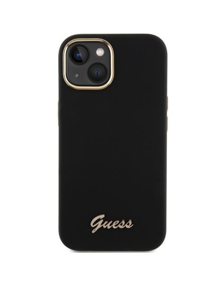 Etui Guess Silicone Script Metal Logo & Frame na iPhone 15 - czarne Etui Guess Silicone Script Metal Logo & Frame na iPhone 15 - czarne
