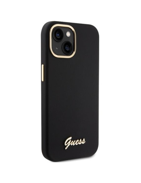 Etui Guess Silicone Script Metal Logo & Frame na iPhone 15 - czarne Etui Guess Silicone Script Metal Logo & Frame na iPhone 15 - czarne