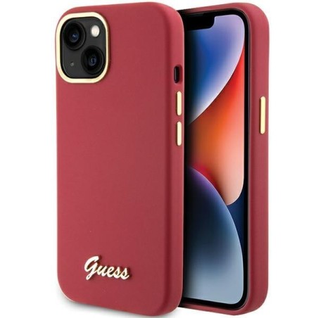 Etui Guess Silicone Script Metal Logo & Frame na iPhone 15 - czerwone Etui Guess Silicone Script Metal Logo & Frame na iPhone 15 - czerwone