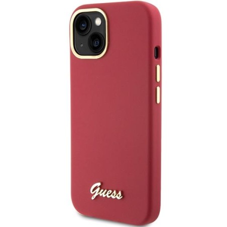 Etui Guess Silicone Script Metal Logo & Frame na iPhone 15 - czerwone Etui Guess Silicone Script Metal Logo & Frame na iPhone 15 - czerwone