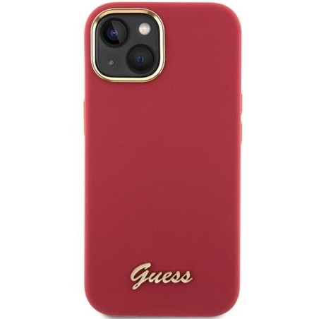 Etui Guess Silicone Script Metal Logo & Frame na iPhone 15 - czerwone Etui Guess Silicone Script Metal Logo & Frame na iPhone 15 - czerwone