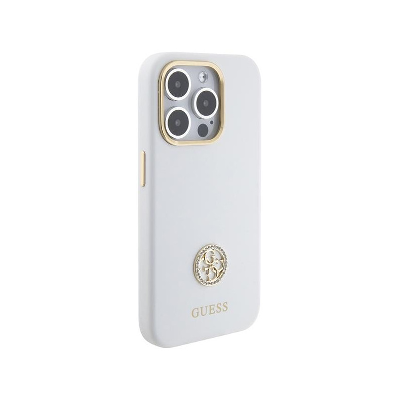Etui Guess Silicone Logo Strass 4G na iPhone 15 Pro Max - białe