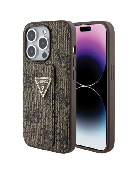 Etui Guess Grip Stand 4G Triangle Strass na iPhone 15 Pro Max - brązowe Etui Guess Grip Stand 4G Triangle Strass na iPhone 15 Pro Max - brązowe