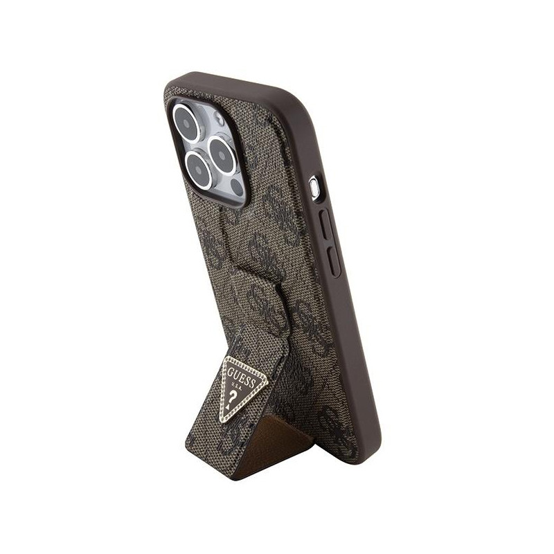 Etui Guess Grip Stand 4G Triangle Strass na iPhone 15 Pro Max - brązowe