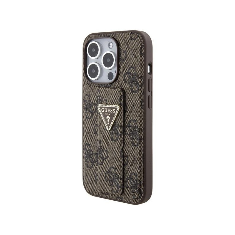 Etui Guess Grip Stand 4G Triangle Strass na iPhone 15 Pro Max - brązowe