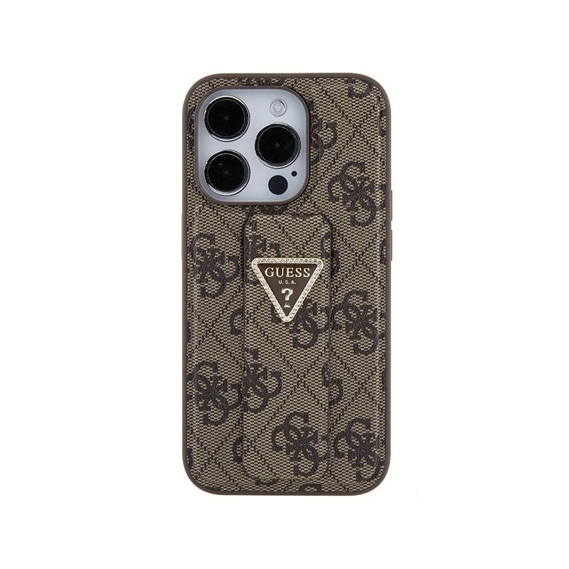 Etui Guess Grip Stand 4G Triangle Strass na iPhone 15 Pro Max - brązowe