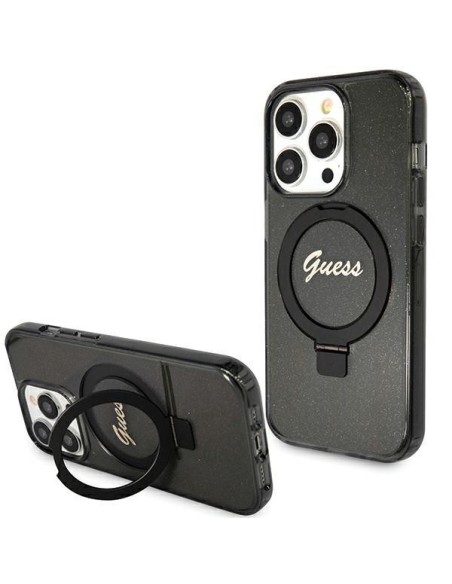 Etui Guess Ring Stand Script Glitter MagSafe na iPhone 15 Pro - czarne