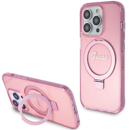 Etui Guess Ring Stand Script Glitter MagSafe na iPhone 15 Pro - różowe Etui Guess Ring Stand Script Glitter MagSafe na iPhone 15 Pro - różowe