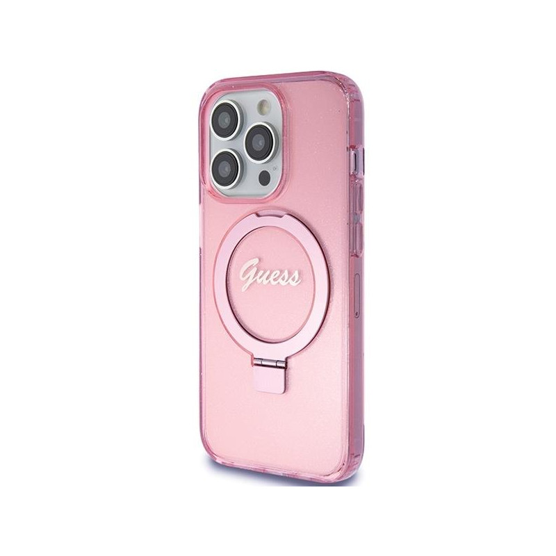 Etui Guess Ring Stand Script Glitter MagSafe na iPhone 15 Pro - różowe