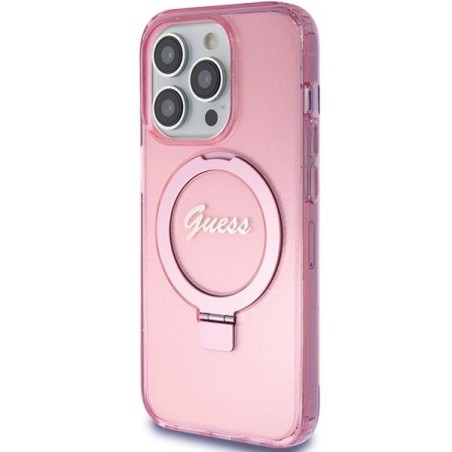 Etui Guess Ring Stand Script Glitter MagSafe na iPhone 15 Pro - różowe Etui Guess Ring Stand Script Glitter MagSafe na iPhone 15 Pro - różowe