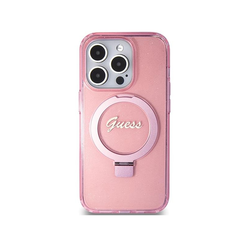 Etui Guess Ring Stand Script Glitter MagSafe na iPhone 15 Pro - różowe