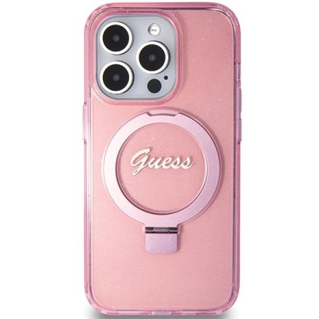 Etui Guess Ring Stand Script Glitter MagSafe na iPhone 15 Pro - różowe Etui Guess Ring Stand Script Glitter MagSafe na iPhone 15 Pro - różowe