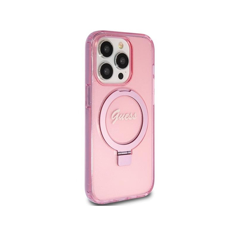 Etui Guess Ring Stand Script Glitter MagSafe na iPhone 15 Pro - różowe