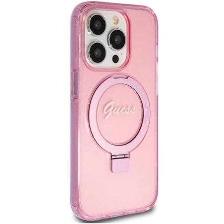 Etui Guess Ring Stand Script Glitter MagSafe na iPhone 15 Pro - różowe Etui Guess Ring Stand Script Glitter MagSafe na iPhone 15 Pro - różowe