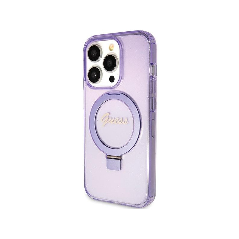 Etui Guess Ring Stand Script Glitter MagSafe na iPhone 15 Pro - fioletowe