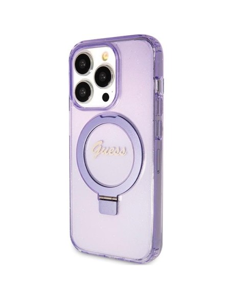 Etui Guess Ring Stand Script Glitter MagSafe na iPhone 15 Pro - fioletowe Etui Guess Ring Stand Script Glitter MagSafe na iPhone 15 Pro - fioletowe