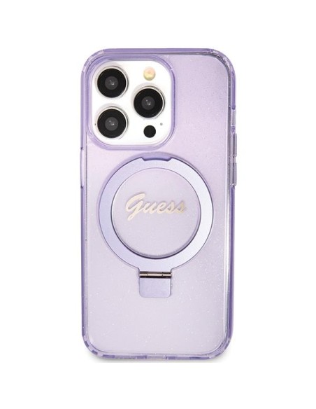 Etui Guess Ring Stand Script Glitter MagSafe na iPhone 15 Pro - fioletowe Etui Guess Ring Stand Script Glitter MagSafe na iPhone 15 Pro - fioletowe