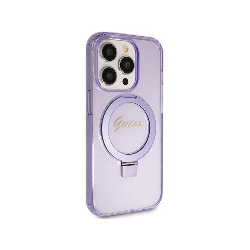 Etui Guess Ring Stand Script Glitter MagSafe na iPhone 15 Pro - fioletowe