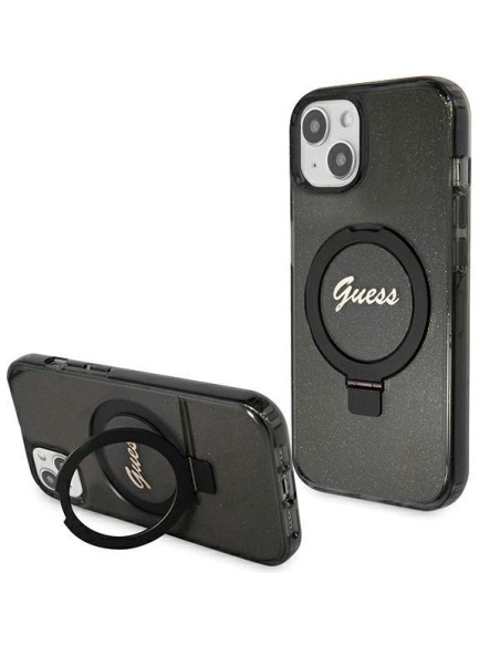 Etui Guess Ring Stand Script Glitter MagSafe na iPhone 15 Plus / 14 Plus - czarne Etui Guess Ring Stand Script Glitter MagSafe na iPhone 15 Plus / 14 Plus - czarne