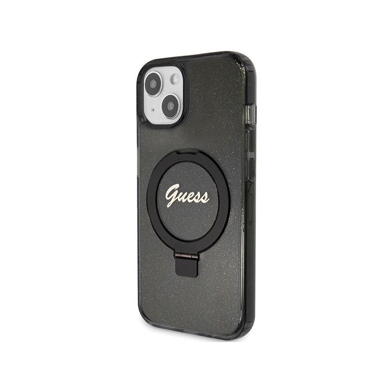Etui Guess Ring Stand Script Glitter MagSafe na iPhone 15 Plus / 14 Plus - czarne