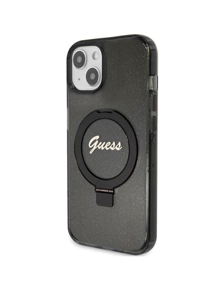 Etui Guess Ring Stand Script Glitter MagSafe na iPhone 15 Plus / 14 Plus - czarne Etui Guess Ring Stand Script Glitter MagSafe na iPhone 15 Plus / 14 Plus - czarne