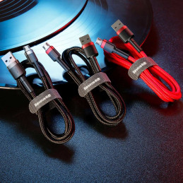 Patvarus lankstus kabelis USB microUSB kabelis QC3.0 2.4A 1M juodos ir raudonos spalvos