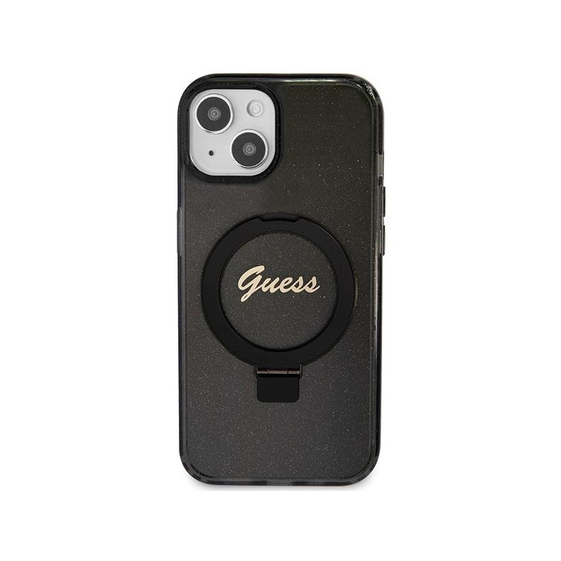 Etui Guess Ring Stand Script Glitter MagSafe na iPhone 15 Plus / 14 Plus - czarne
